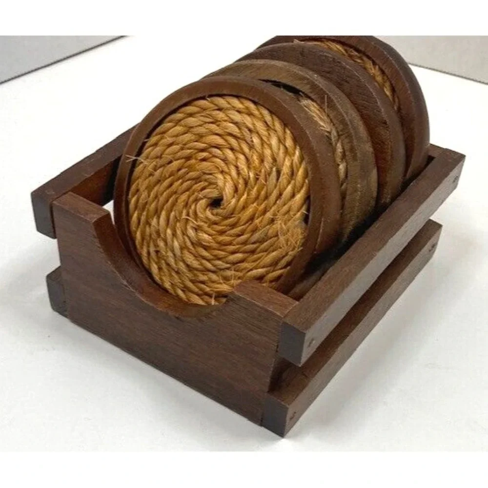Vintage MCM Wood and Rope Round Coaster with Caddy Set of‎ 4 Boho 70s
